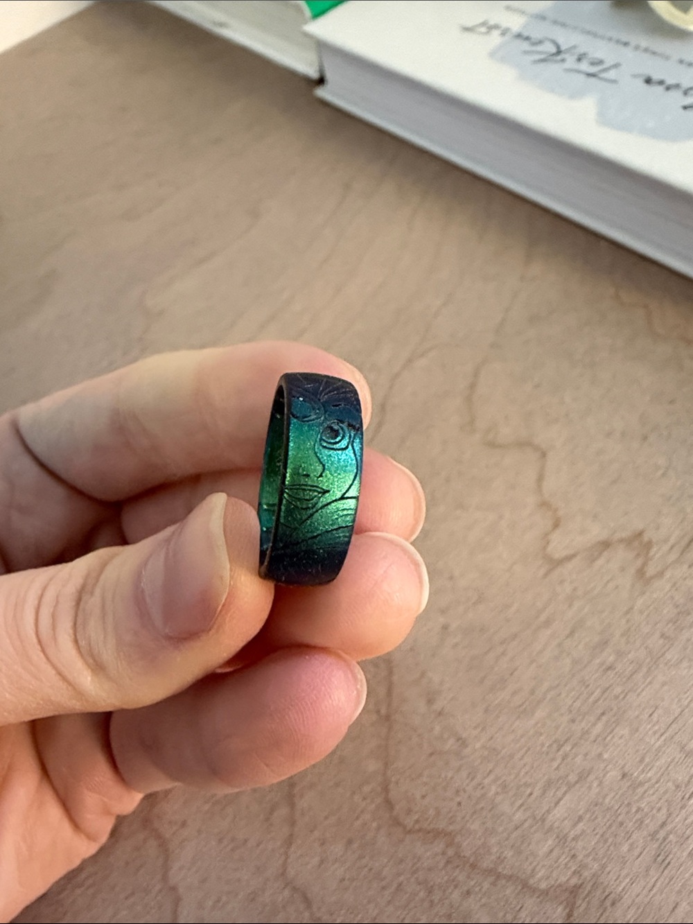 Iridescent Green-Blue Engraved Dome Ring